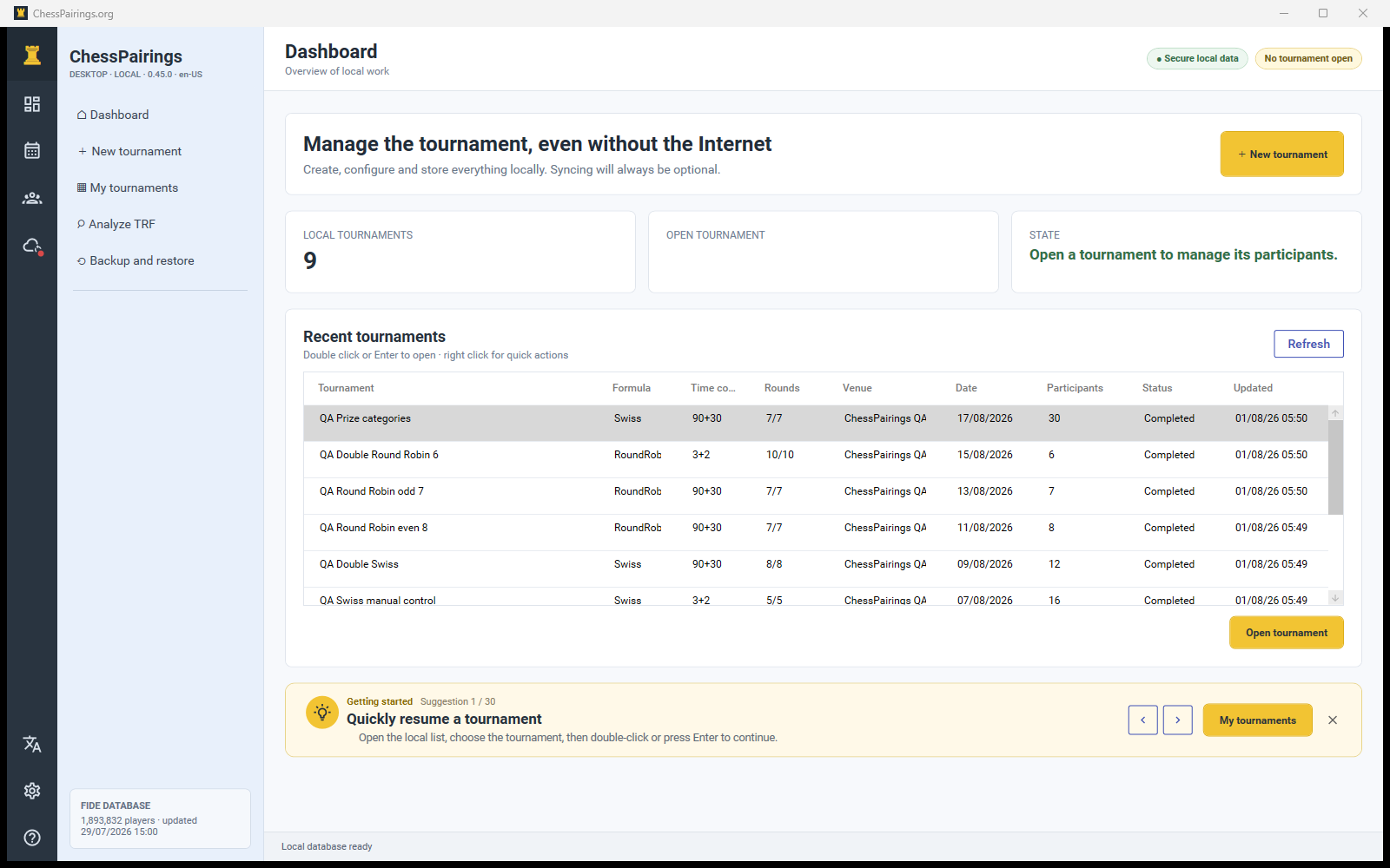 Dashboard di ChessPairings Desktop per gestire tornei di scacchi offline