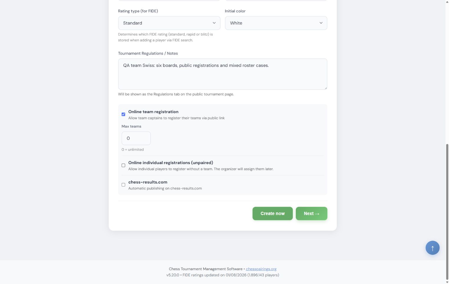 Team registration options and rules configuration