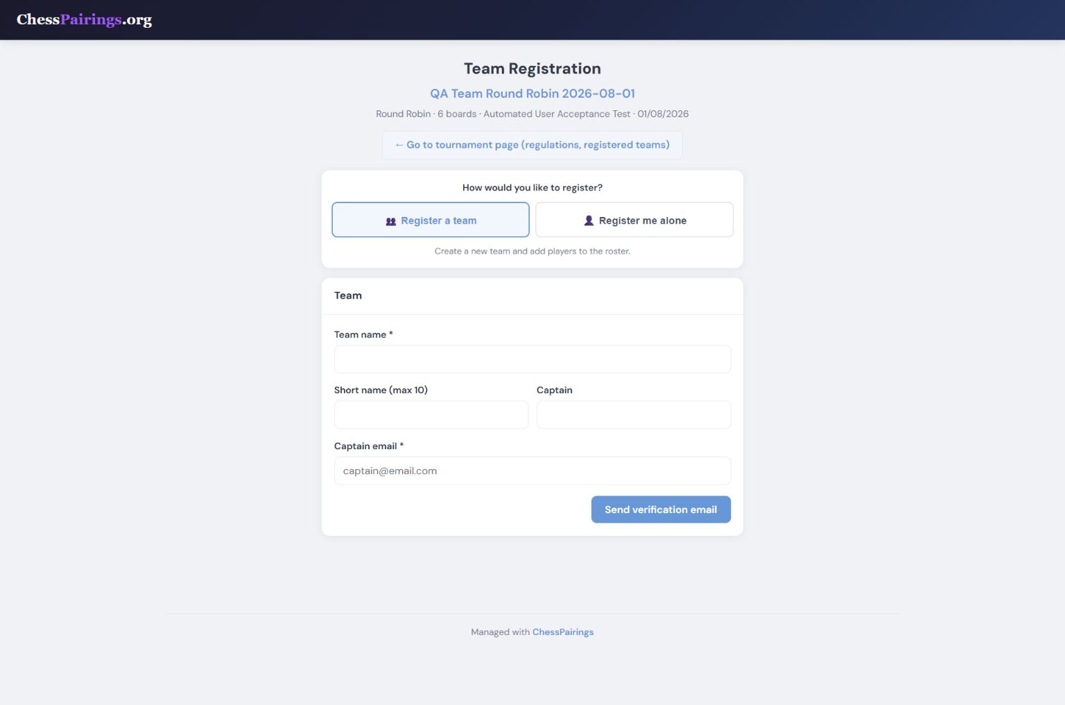 Team tournament dashboard and roster management